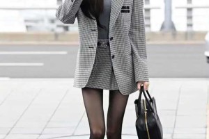 张元英-韩国mm灰色黑白格西装短裙套装-171黑丝纤细大长腿